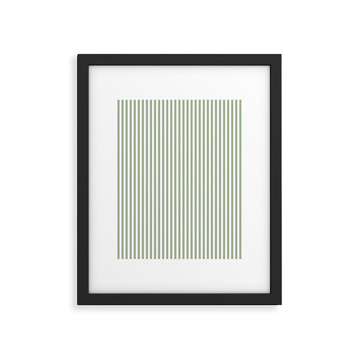 Sage Green and White Classic Narrow Stripe Pattern Vertical Framed Art Print Gallery Image 1