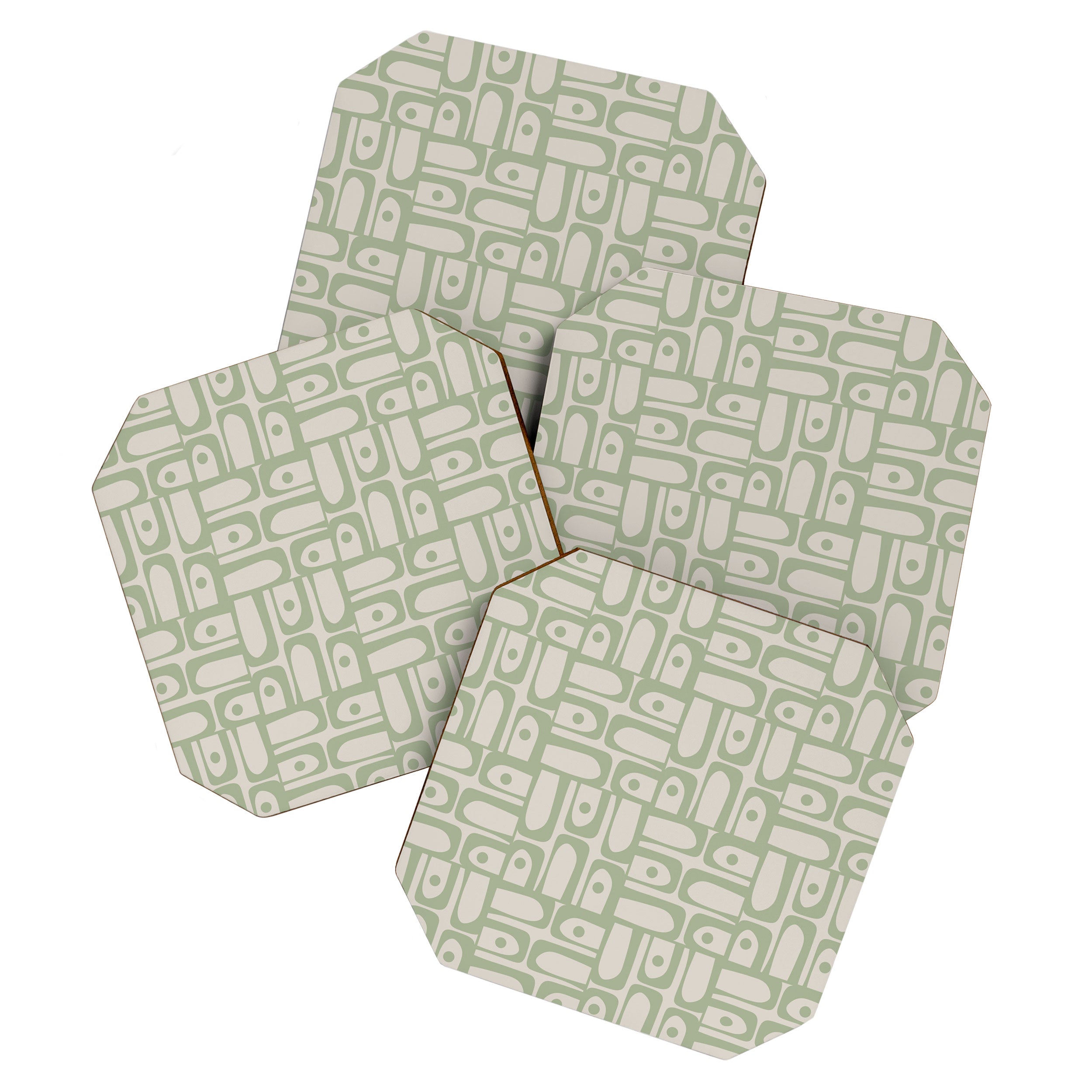 Sage Green Mid Century Modern Piquet Geometric Multi Pattern on Muted Beige Coaster Gallery Image 1
