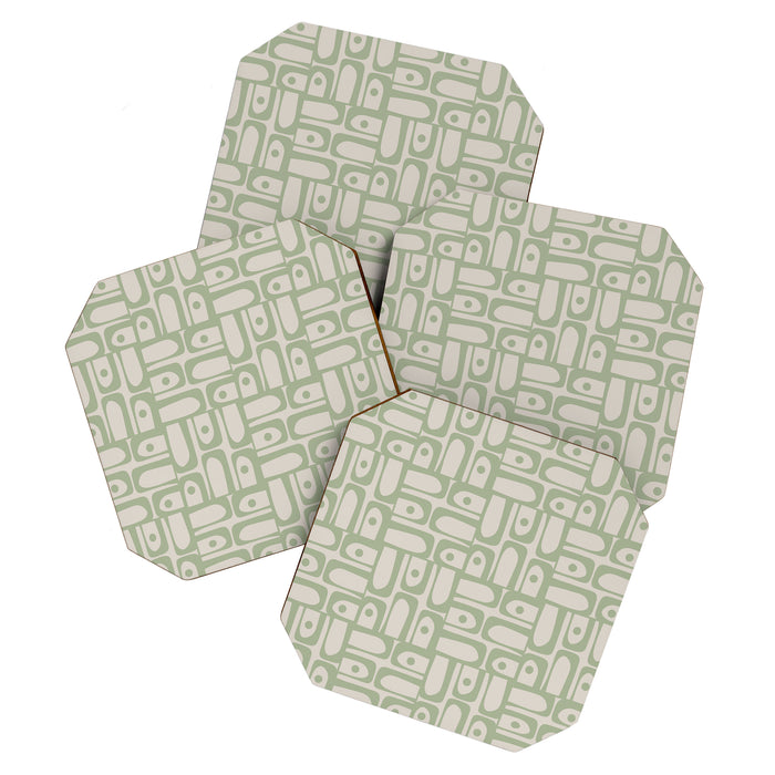 Sage Green Mid Century Modern Piquet Geometric Multi Pattern on Muted Beige Coaster Gallery Image 1