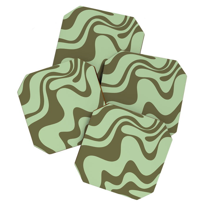 Sage Olive Green Retro Liquid Swirl Contemporary Abstract Pattern 2 Coaster Gallery Image 1