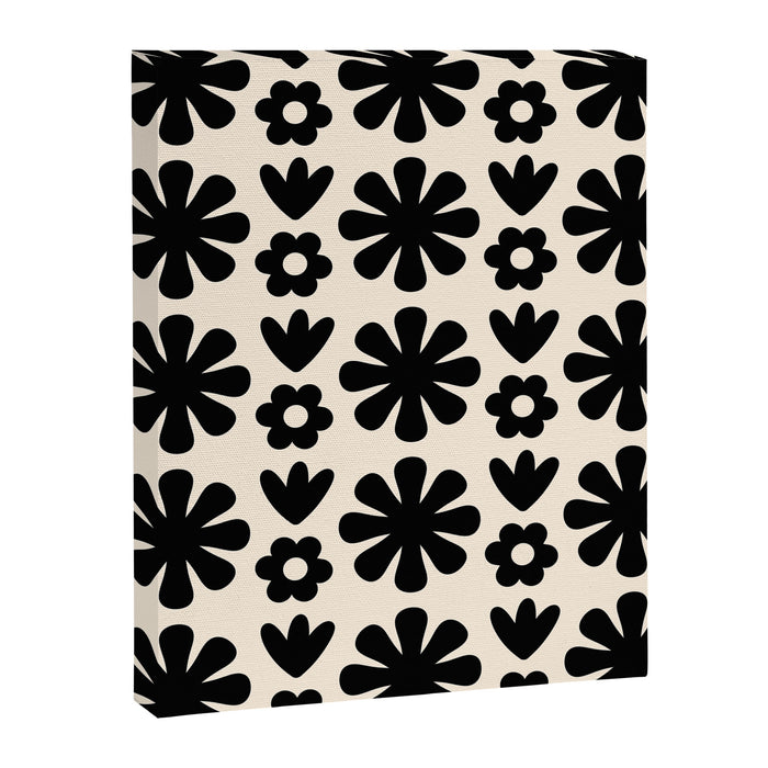 Scandi Floral Grid Retro Flower Pattern in Black and Almond Cream  Canvas Print Gallery Image 1