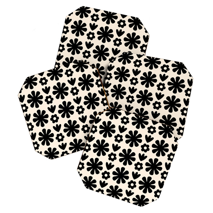 Scandi Floral Grid Retro Flower Pattern in Black and Almond Cream  Coaster Gallery Image 1