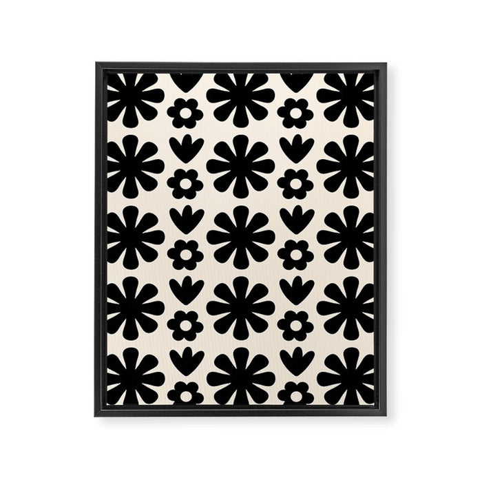 Scandi Floral Grid Retro Flower Pattern in Black and Almond Cream  Framed Canvas Print Gallery Image 1