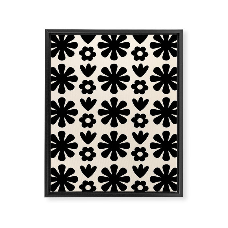 Scandi Floral Grid Retro Flower Pattern in Black and Almond Cream  Framed Canvas Print Gallery Image 8
