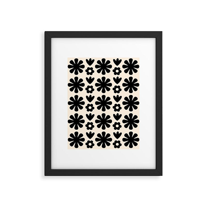 Scandi Floral Grid Retro Flower Pattern in Black and Almond Cream  Framed Art Print Gallery Image 6