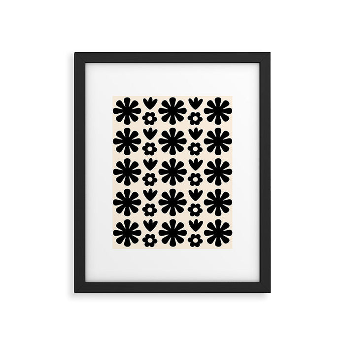 Scandi Floral Grid Retro Flower Pattern in Black and Almond Cream  Framed Art Print Gallery Image 1