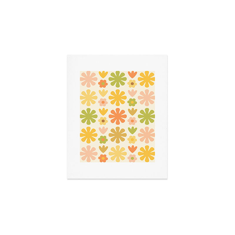 Scandi Floral Grid Retro Flower Pattern in Green Blush Yellow Cream Art Print Gallery Image 1