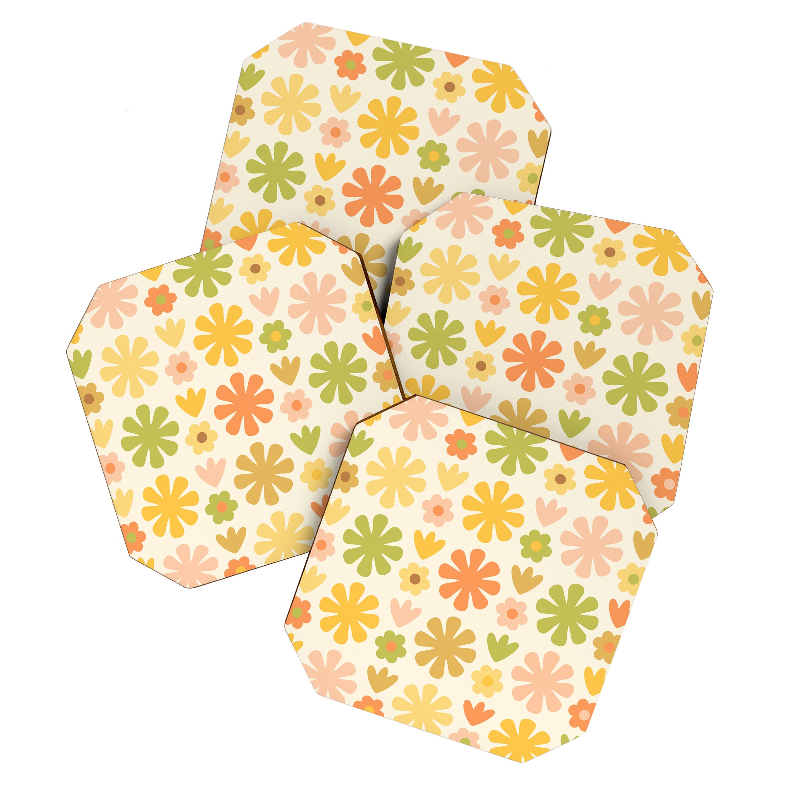 Scandi Floral Grid Retro Flower Pattern in Green Blush Yellow Cream Coaster Gallery Image 1