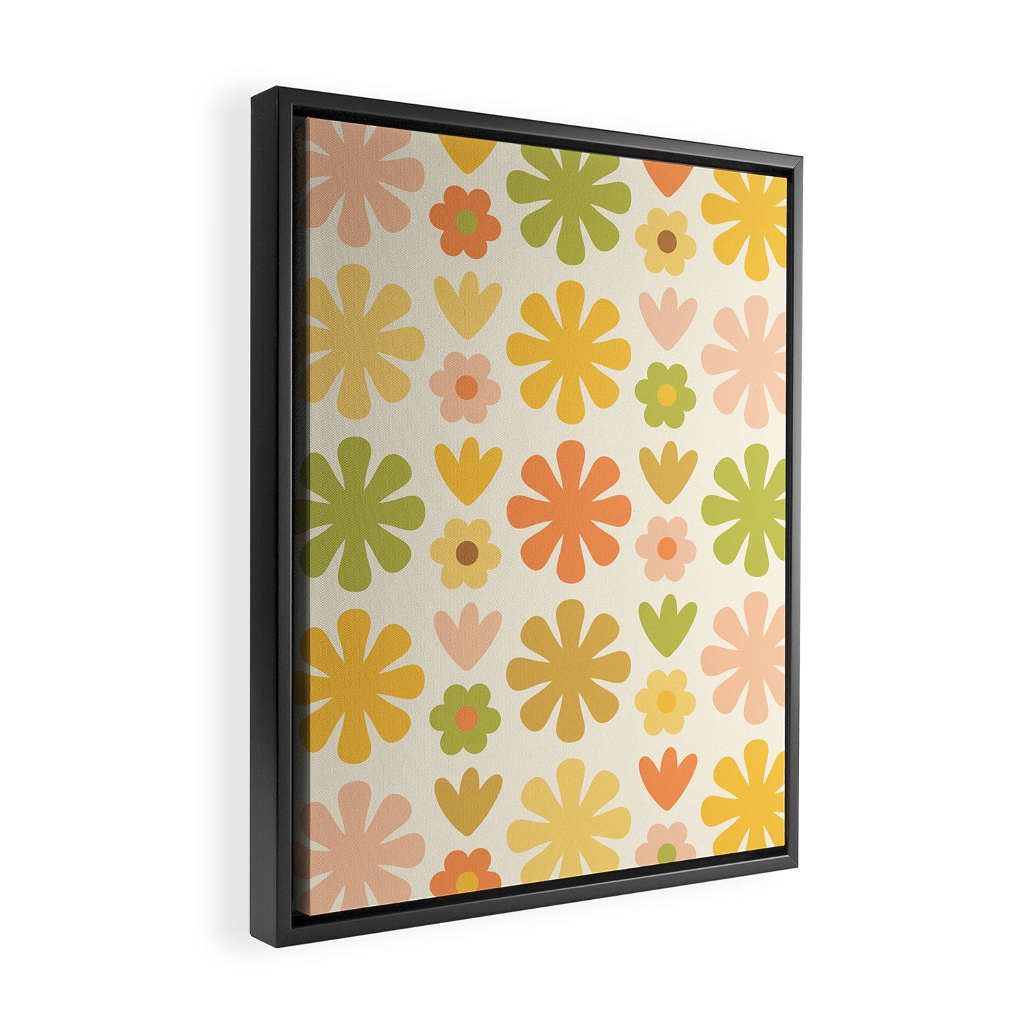 Scandi Floral Grid Retro Flower Pattern in Green Blush Yellow Cream Framed Canvas Print Gallery Image 2