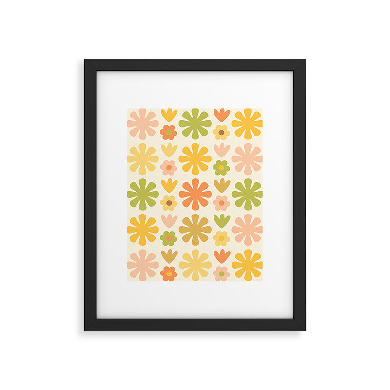 Scandi Floral Grid Retro Flower Pattern in Green Blush Yellow Cream Framed Art Print Gallery Image 6