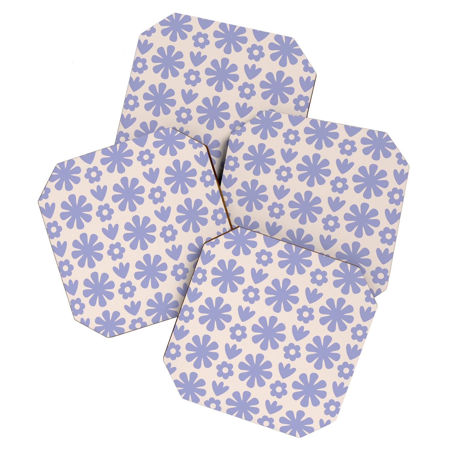 Scandi Floral Grid Retro Flower Pattern in Light Periwinkle Purple and Cream Coaster Gallery Image 1