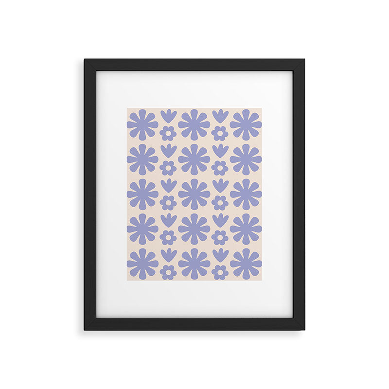 Scandi Floral Grid Retro Flower Pattern in Light Periwinkle Purple and Cream Framed Art Print Gallery Image 6