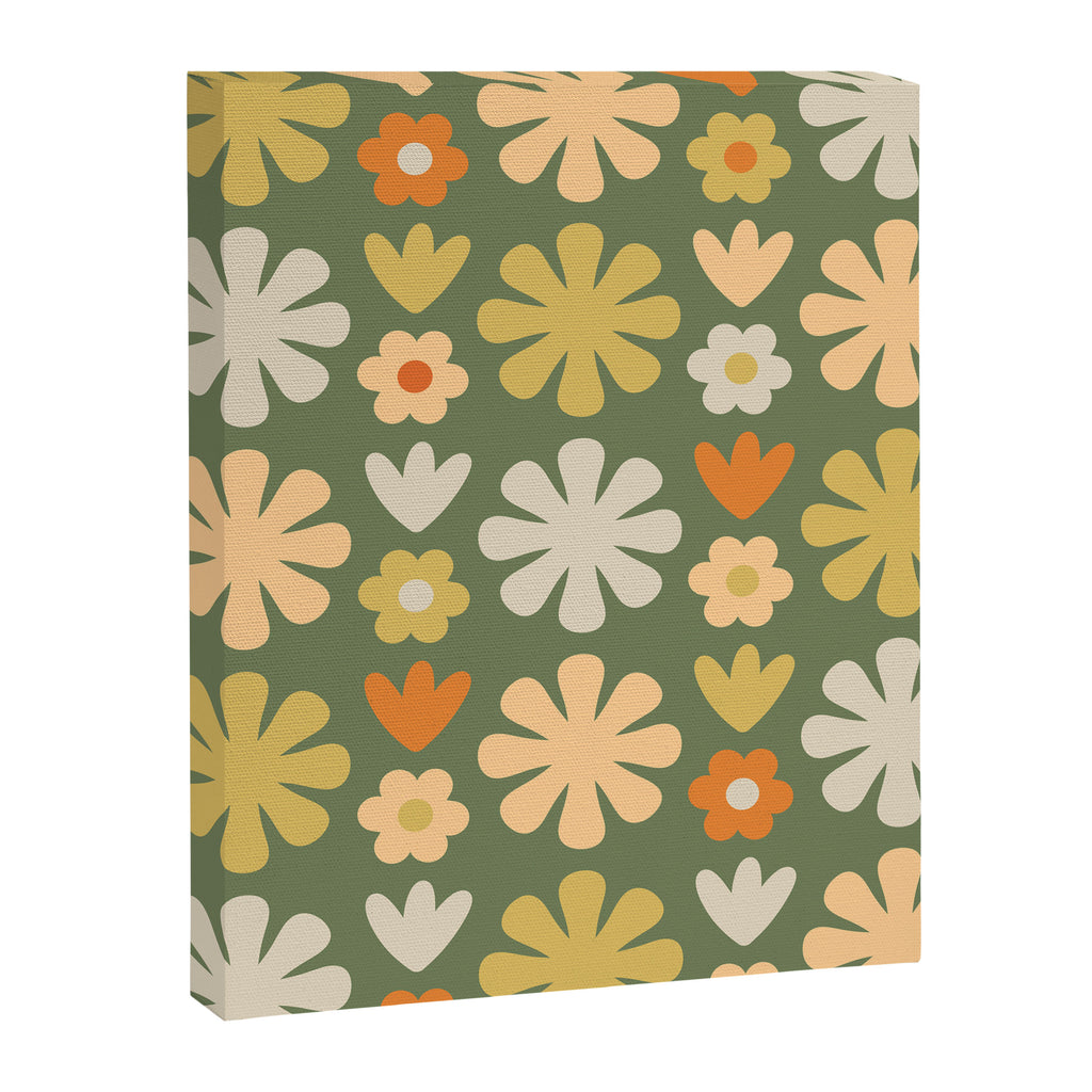 Scandi Floral Grid Retro Flower Pattern in Mossy Olive Green and Orange Canvas Print Gallery Image 8