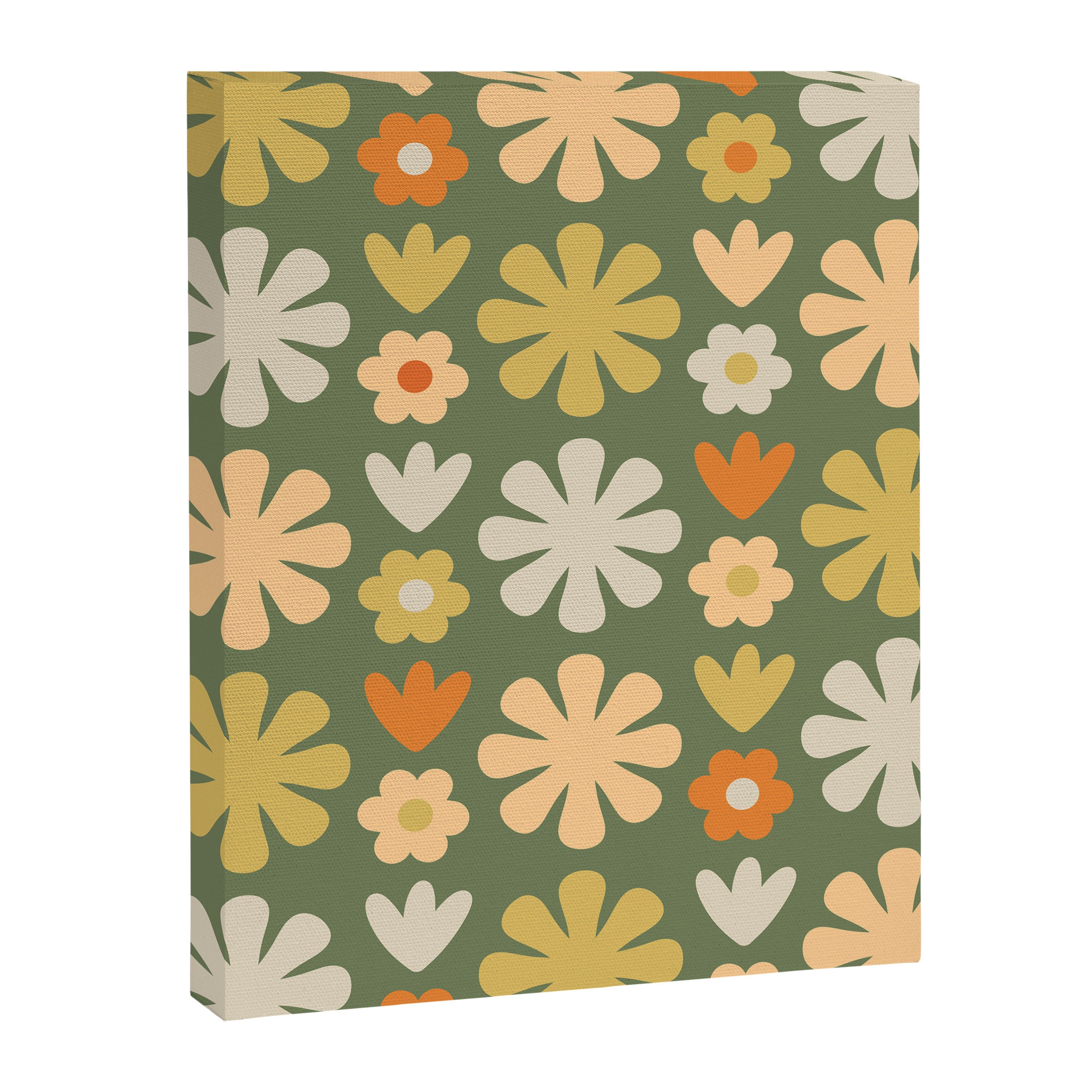 Scandi Floral Grid Retro Flower Pattern in Mossy Olive Green and Orange Canvas Print Gallery Image 8