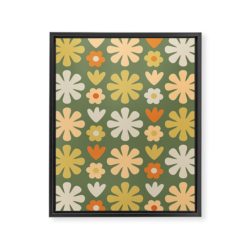 Scandi Floral Grid Retro Flower Pattern in Mossy Olive Green and Orange Framed Canvas Print Gallery Image 8
