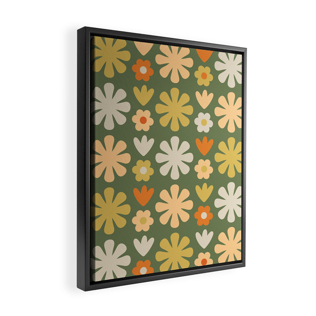Scandi Floral Grid Retro Flower Pattern in Mossy Olive Green and Orange Framed Canvas Print Gallery Image 2