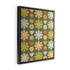 Scandi Floral Grid Retro Flower Pattern in Mossy Olive Green and Orange Framed Canvas Print Gallery Image 2