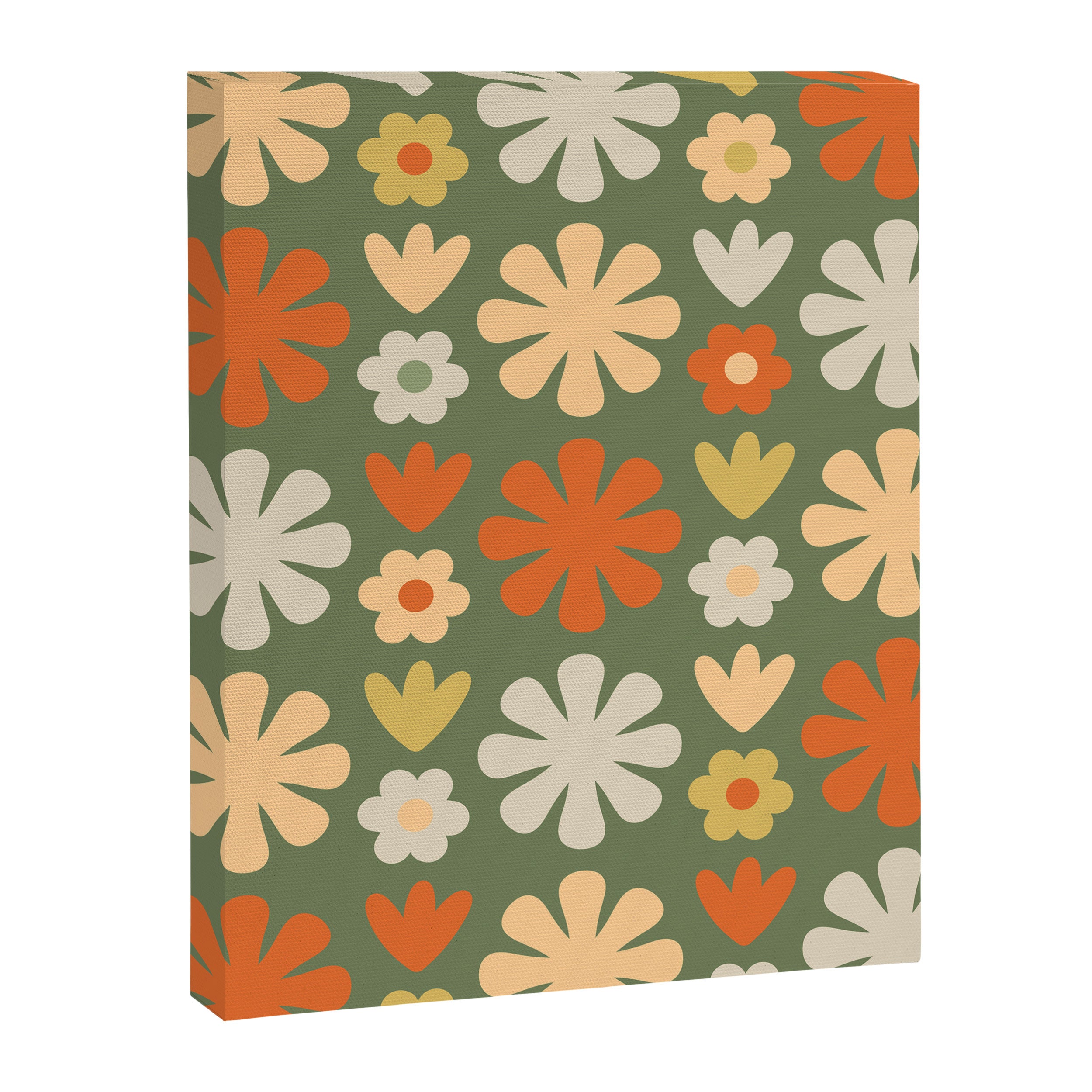 Scandi Floral Grid Retro Flower Pattern in Mossy Olive Green and Orange Canvas Print Gallery Image 8