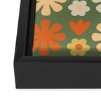 Scandi Floral Grid Retro Flower Pattern in Mossy Olive Green and Orange Framed Canvas Print Gallery Image 3