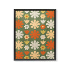 Scandi Floral Grid Retro Flower Pattern in Mossy Olive Green and Orange Framed Canvas Print Gallery Image 8