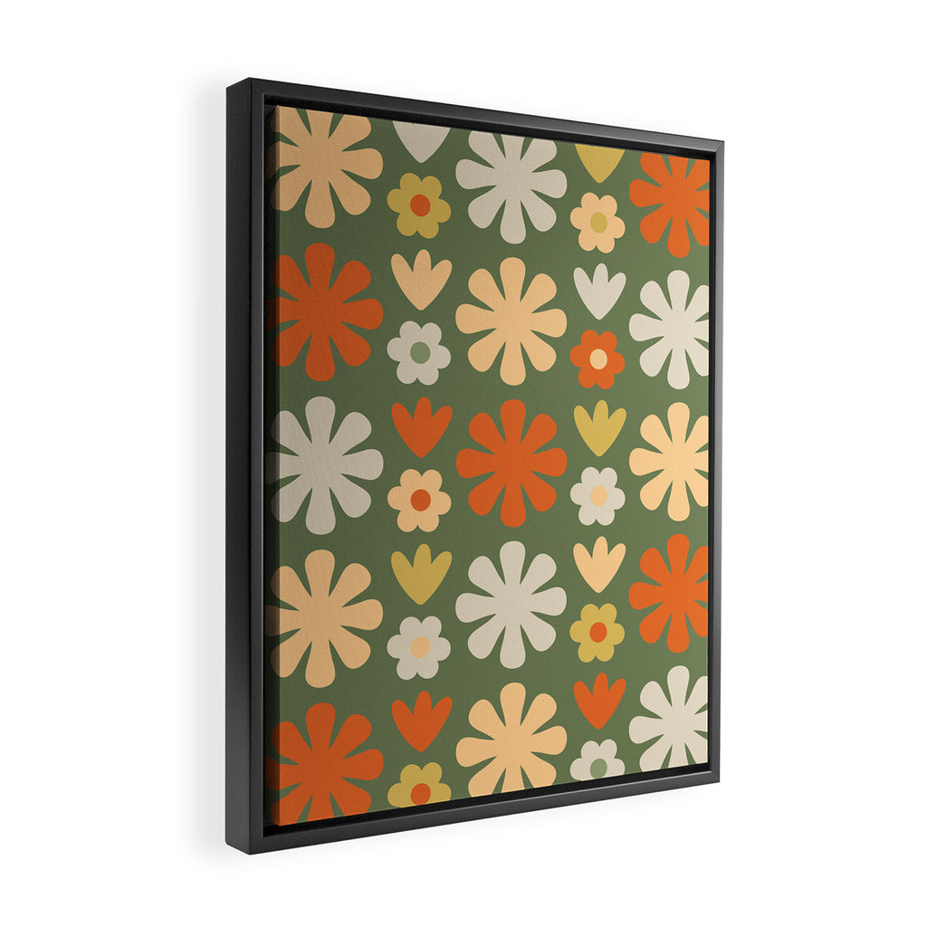 Scandi Floral Grid Retro Flower Pattern in Mossy Olive Green and Orange Framed Canvas Print Gallery Image 2