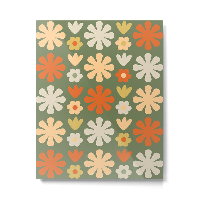 Scandi Floral Grid Retro Flower Pattern in Mossy Olive Green and Orange Metal Print Gallery Image 1