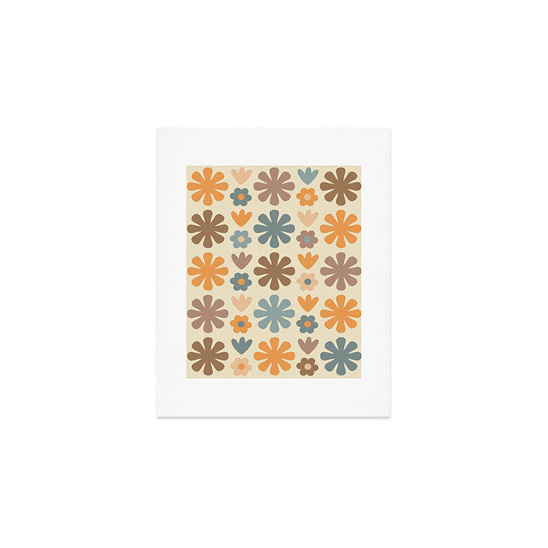 Scandi Floral Grid Retro Flower Pattern in Muted Orange, Slate Blue, Brown, Taupe, and Beige  Art Print Gallery Image 1