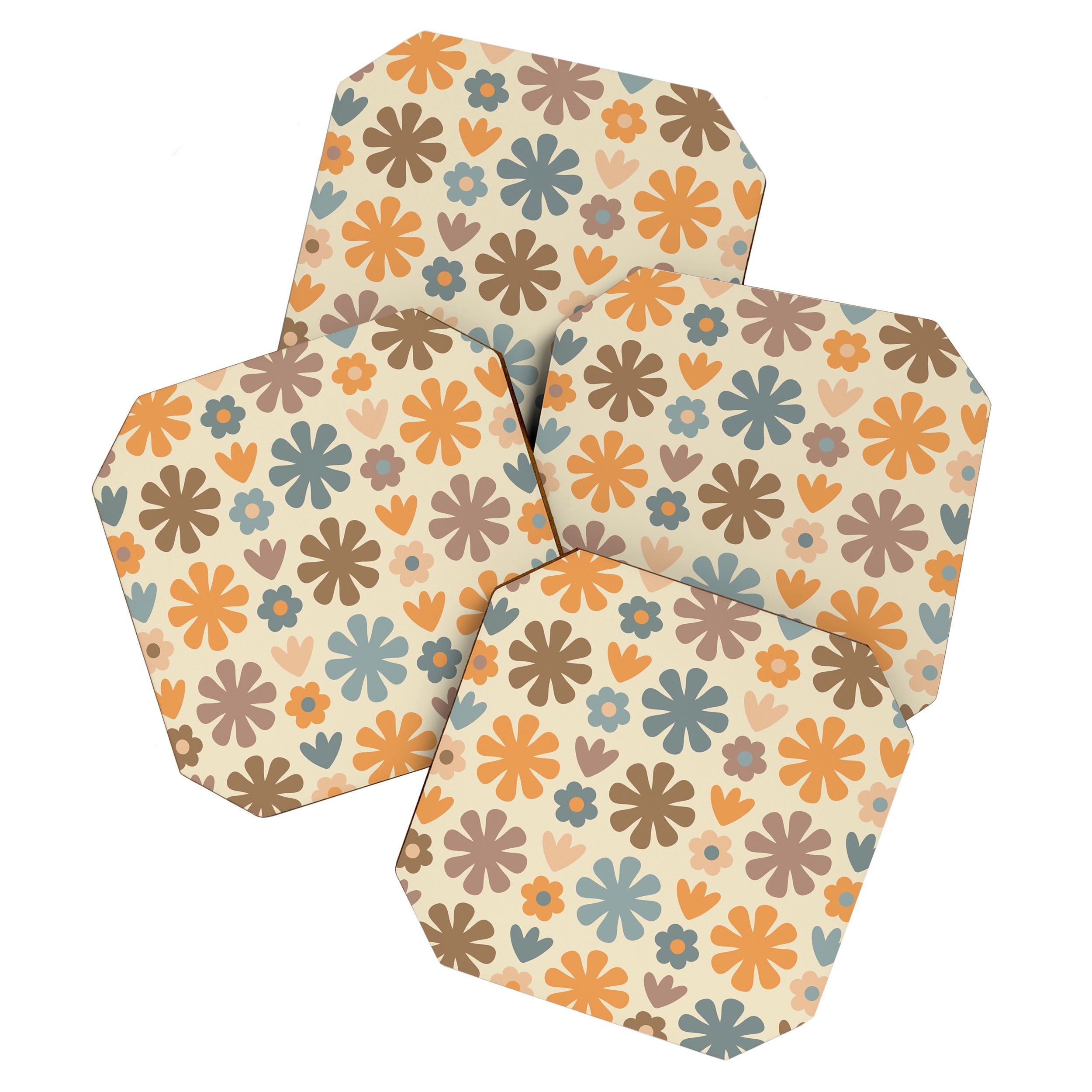 Scandi Floral Grid Retro Flower Pattern in Muted Orange, Slate Blue, Brown, Taupe, and Beige  Coaster Gallery Image 1