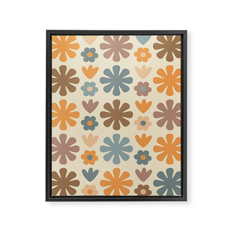Scandi Floral Grid Retro Flower Pattern in Muted Orange, Slate Blue, Brown, Taupe, and Beige  Framed Canvas Print Gallery Image 8