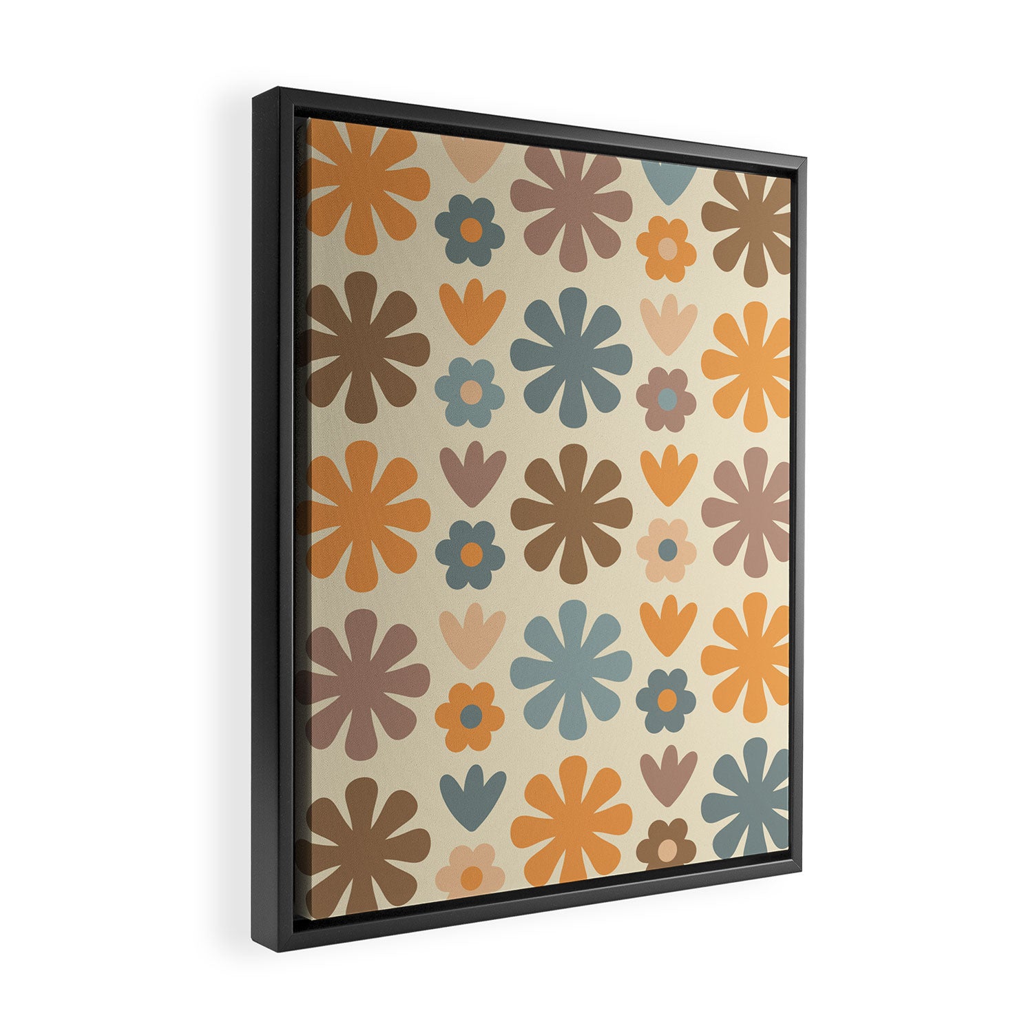 Scandi Floral Grid Retro Flower Pattern in Muted Orange, Slate Blue, Brown, Taupe, and Beige  Framed Canvas Print Gallery Image 2