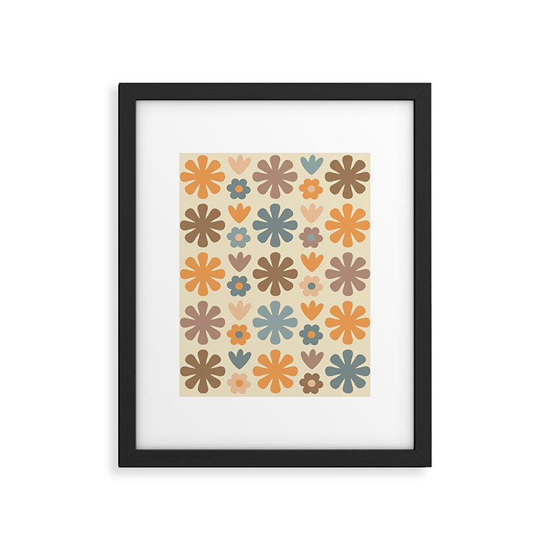 Scandi Floral Grid Retro Flower Pattern in Muted Orange, Slate Blue, Brown, Taupe, and Beige  Framed Art Print Gallery Image 6