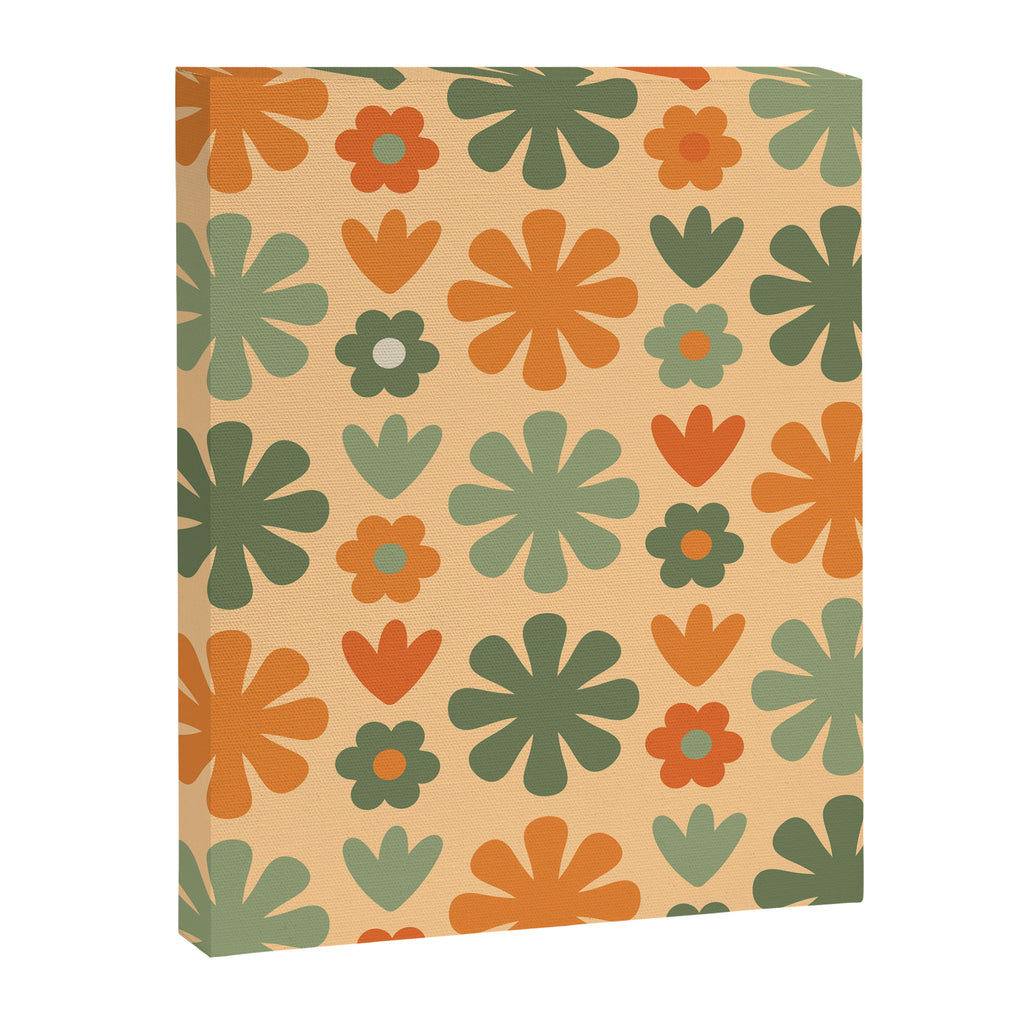 Scandi Floral Grid Retro Flower Pattern in Orange Apricot and Mossy Sage Olive Green Canvas Print Gallery Image 8