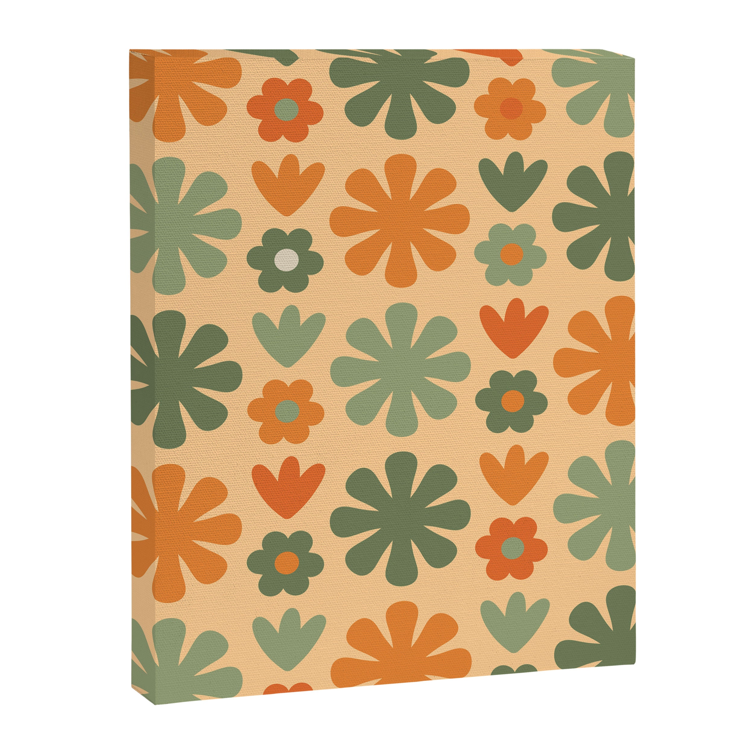 Scandi Floral Grid Retro Flower Pattern in Orange Apricot and Mossy Sage Olive Green Canvas Print Gallery Image 8