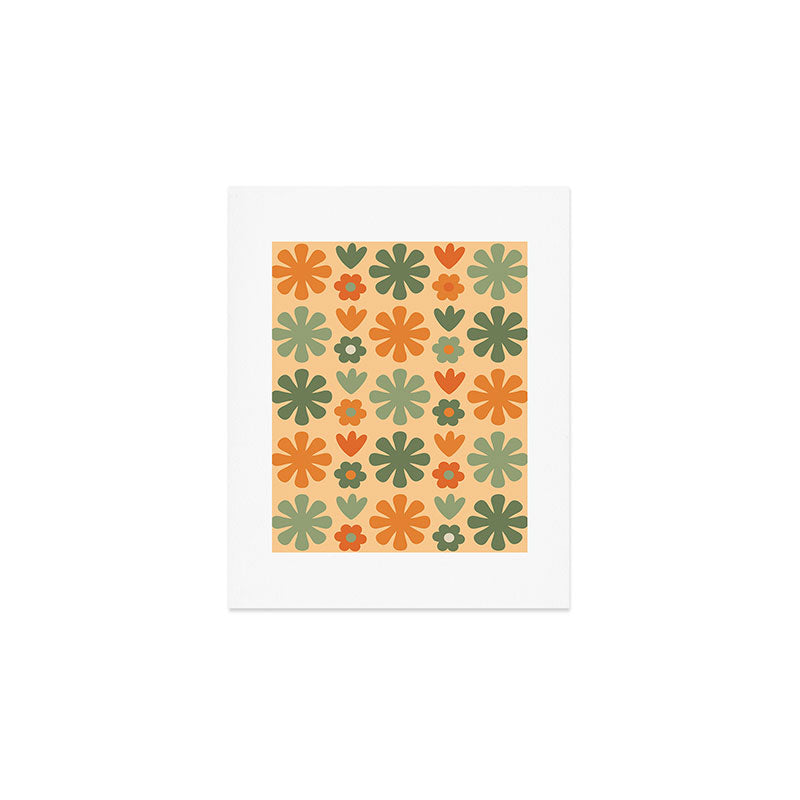Scandi Floral Grid Retro Flower Pattern in Orange Apricot and Mossy Sage Olive Green Art Print Gallery Image 1