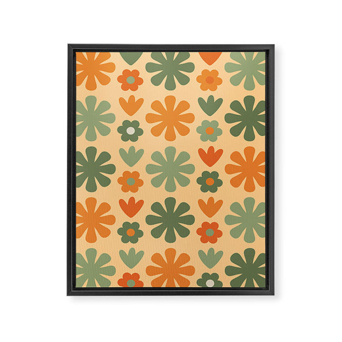 Scandi Floral Grid Retro Flower Pattern in Orange Apricot and Mossy Sage Olive Green Framed Canvas Print Gallery Image 1
