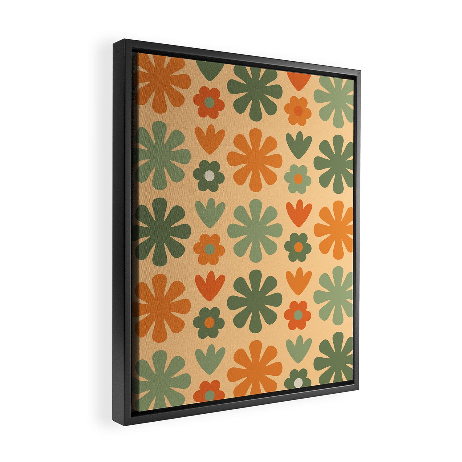 Scandi Floral Grid Retro Flower Pattern in Orange Apricot and Mossy Sage Olive Green Framed Canvas Print Gallery Image 2