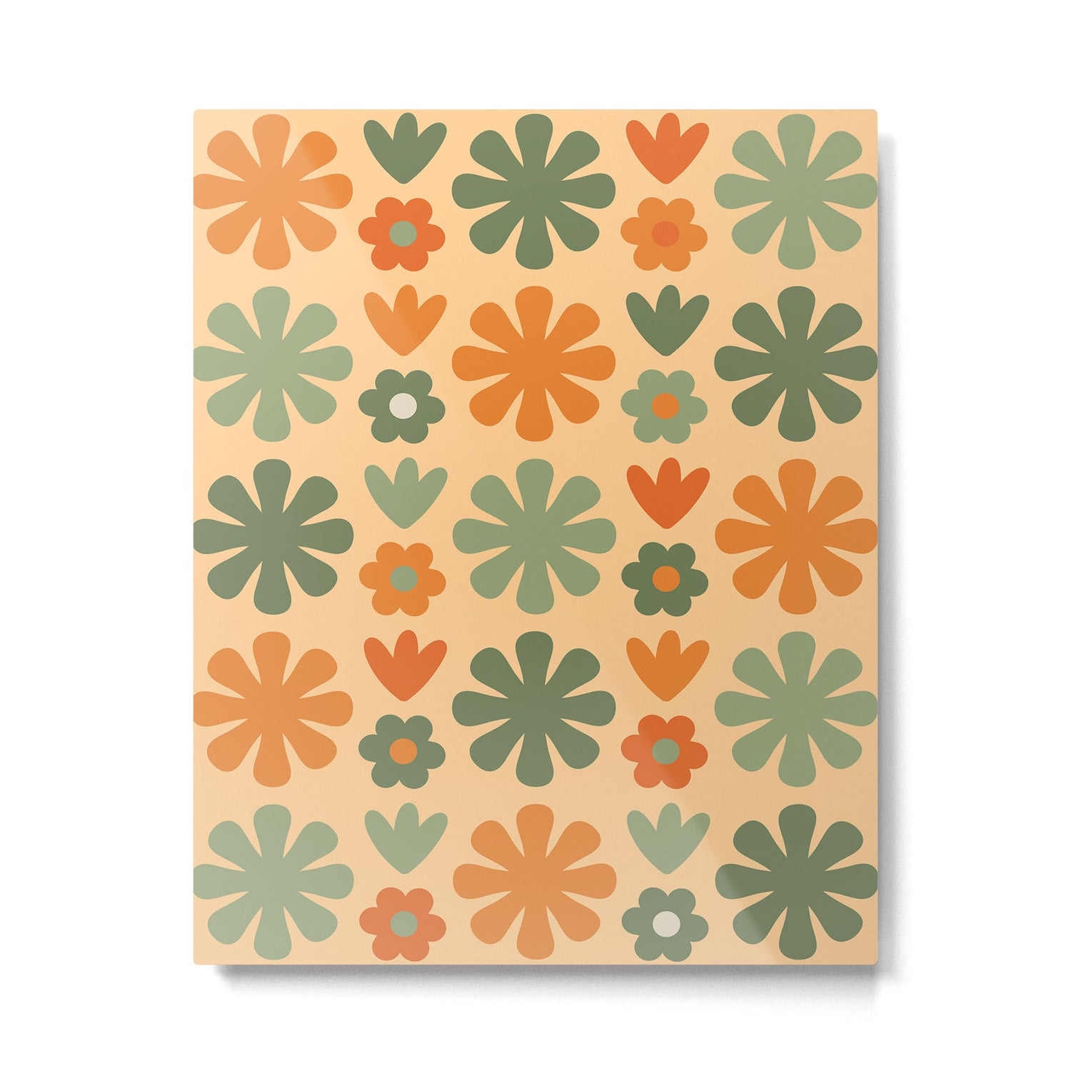 Scandi Floral Grid Retro Flower Pattern in Orange Apricot and Mossy Sage Olive Green Metal Print Gallery Image 6