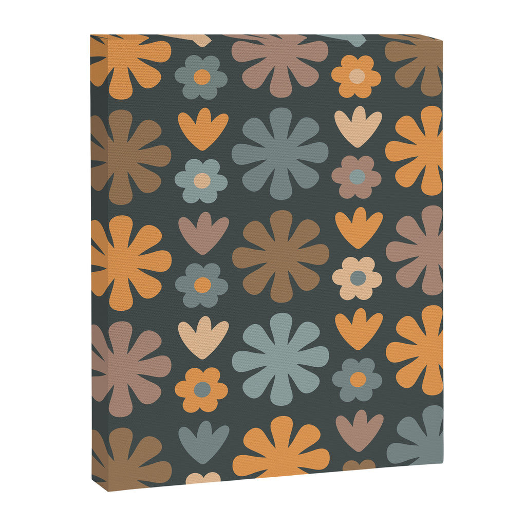 Scandi Floral Grid Retro Flower Pattern Slate Blue Orange Brown Canvas Print Gallery Image 8