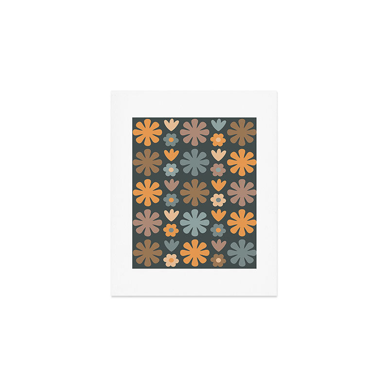 Scandi Floral Grid Retro Flower Pattern Slate Blue Orange Brown Art Print Gallery Image 1