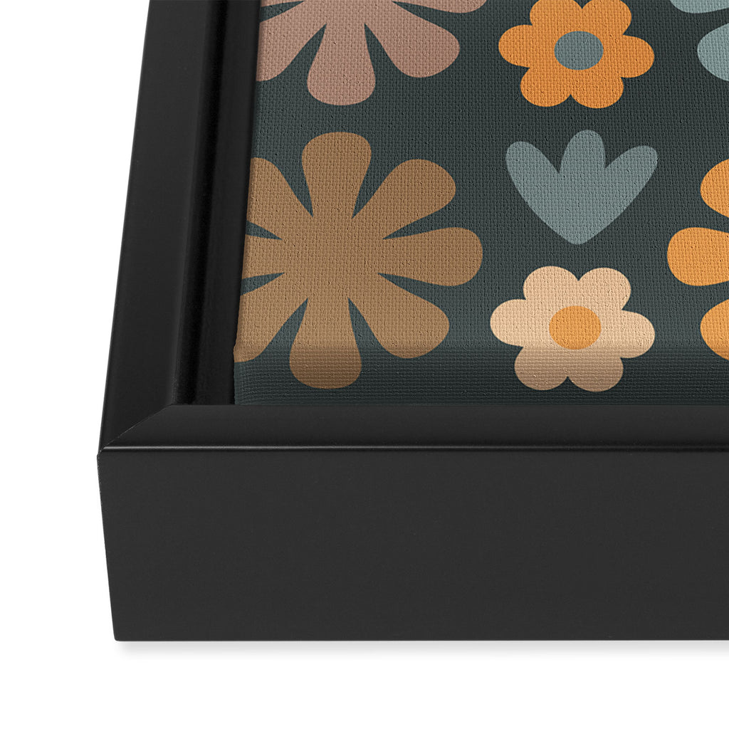 Scandi Floral Grid Retro Flower Pattern Slate Blue Orange Brown Framed Canvas Print Gallery Image 3