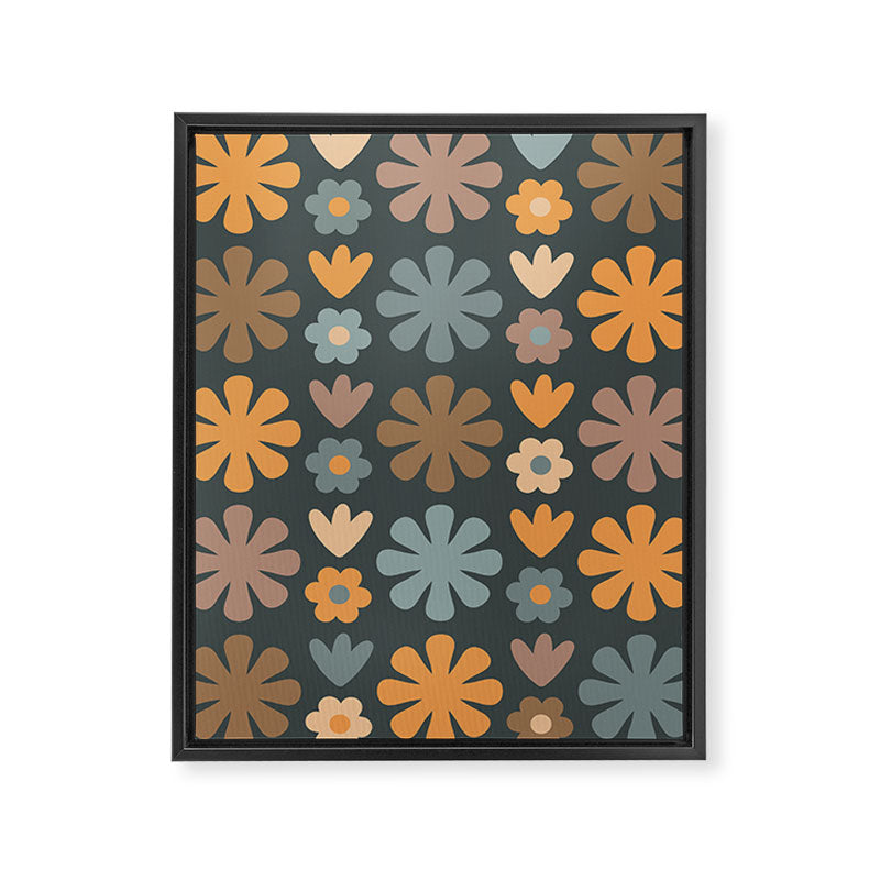 Scandi Floral Grid Retro Flower Pattern Slate Blue Orange Brown Framed Canvas Print Gallery Image 8