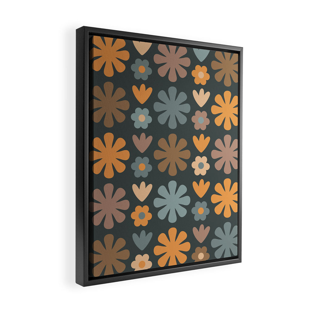 Scandi Floral Grid Retro Flower Pattern Slate Blue Orange Brown Framed Canvas Print Gallery Image 2