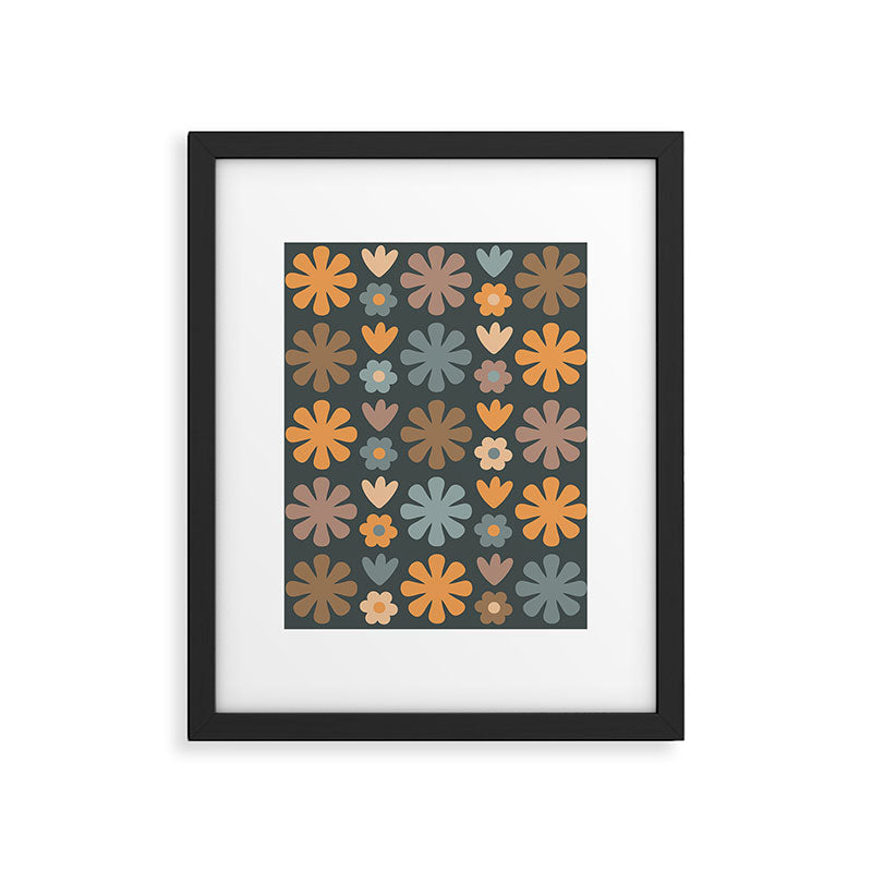 Scandi Floral Grid Retro Flower Pattern Slate Blue Orange Brown Framed Art Print Gallery Image 6