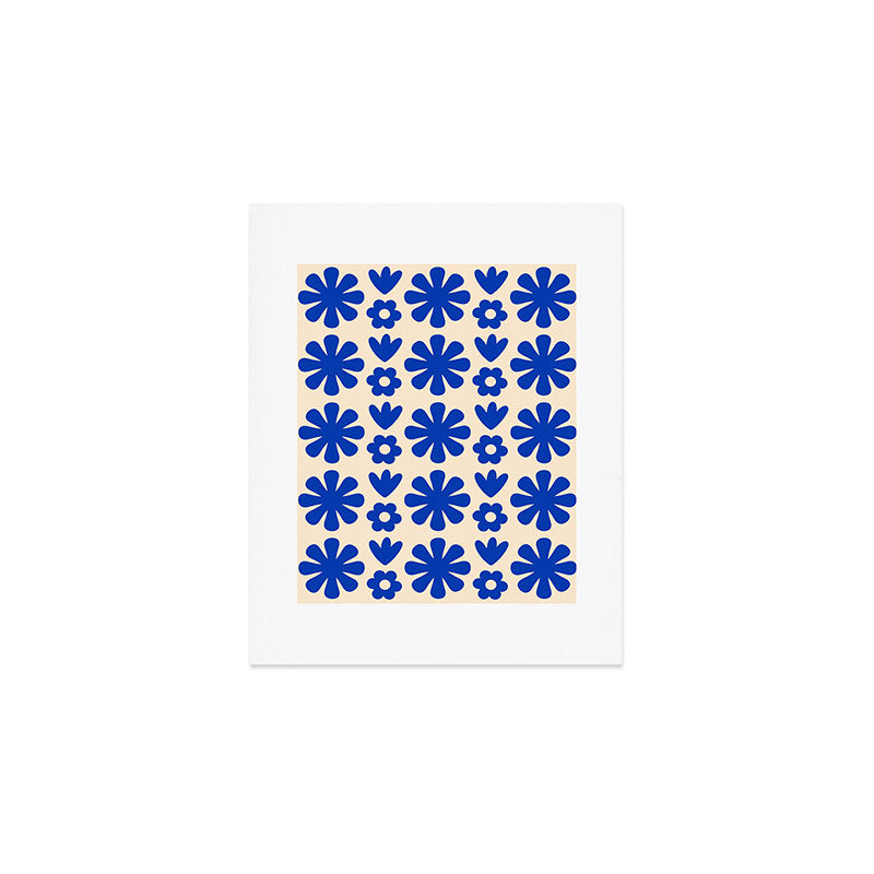 Scandi Floral Grid Retro Flower Pattern Bright Blue and Cream Art Print Gallery Image 1