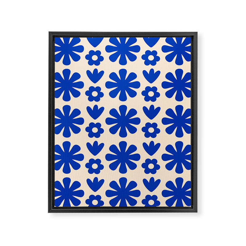 Scandi Floral Grid Retro Flower Pattern Bright Blue and Cream Framed Canvas Print Gallery Image 8