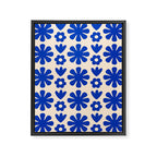 Scandi Floral Grid Retro Flower Pattern Bright Blue and Cream Framed Canvas Print Gallery Image 8