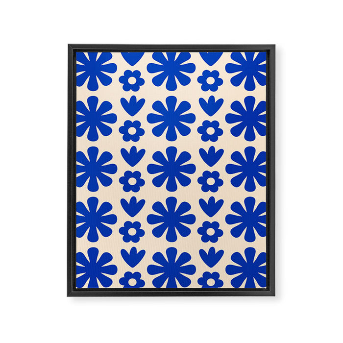 Scandi Floral Grid Retro Flower Pattern Bright Blue and Cream Framed Canvas Print Gallery Image 1