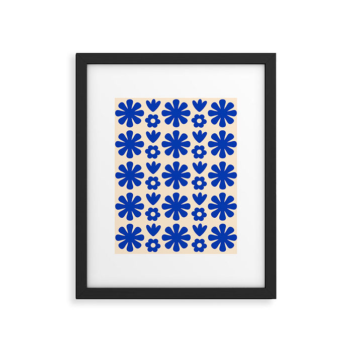 Scandi Floral Grid Retro Flower Pattern Bright Blue and Cream Framed Art Print Gallery Image 1
