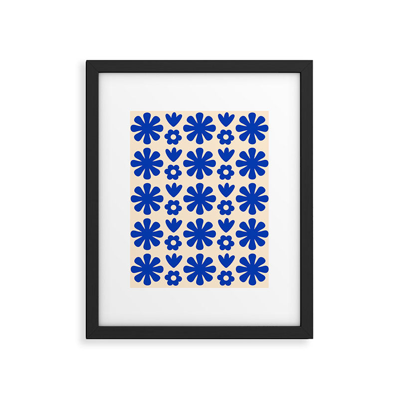 Scandi Floral Grid Retro Flower Pattern Bright Blue and Cream Framed Art Print Gallery Image 6