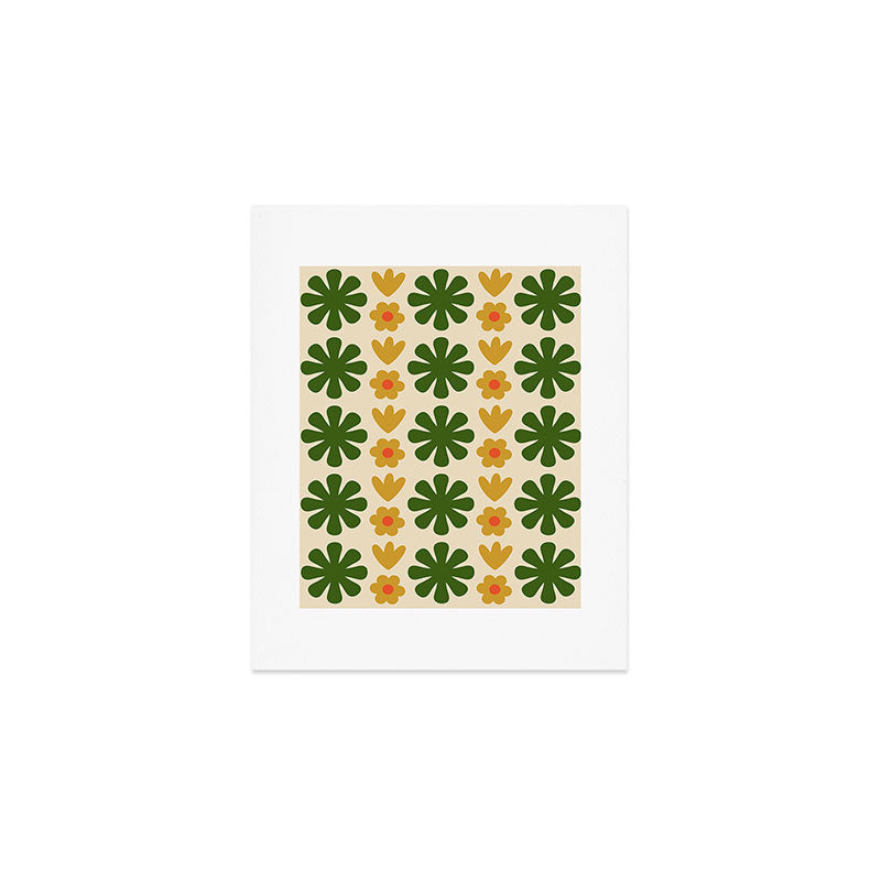 Scandi Floral Grid Retro Pattern Cream Orange Green Ochre Art Print Gallery Image 1